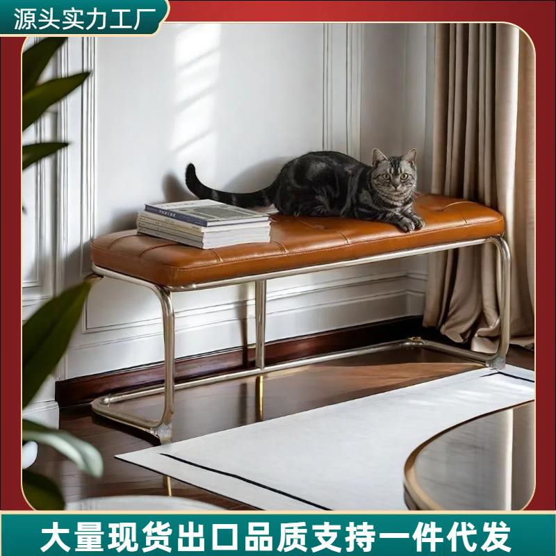 不锈钢换鞋凳家用衣帽间矮凳复古床尾脚凳入户玄关凳长条餐椅软包