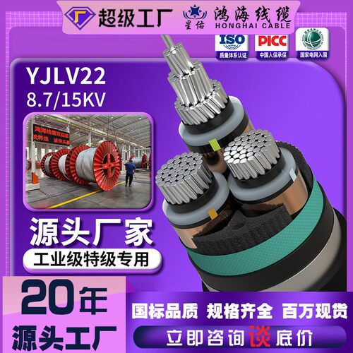 国标YJLV22铝芯电缆高压铠装电力电缆线8.7/15KV1芯3芯35-400平方