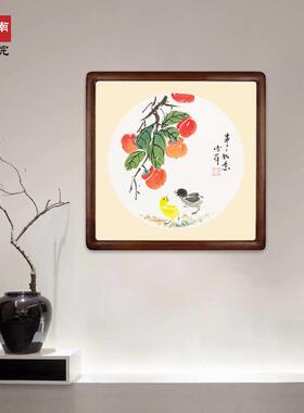 葫芦画福禄斗方手绘国画柿子事事如意玄关挂画装饰画餐厅画花鸟画