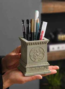 古建筑中式潮微办公摆件中国复古徽派装饰模型桌面古风笔筒景观国