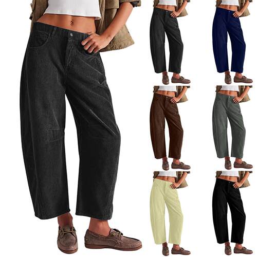 Corduroy Barrel Pants Women Cord Mid Rise Leg Baggy Trousers