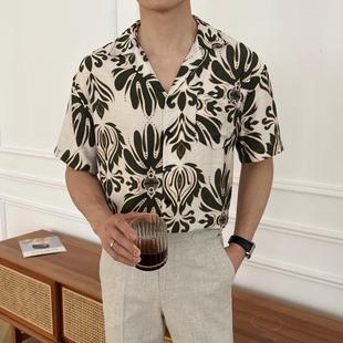 轻熟慵懒风领印花衬衫 感休闲宽松百搭帅气衬衣时0506z 男短袖 夏季
