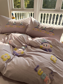 芋泥紫水洗棉毛巾，绣小公仔床上四件套1.5m1.8米，公寓纯棉床单被套