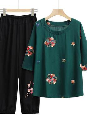 老人家衣服奶奶夏季新款中老年大尺码女装T恤衫套装妈妈洋派上衣
