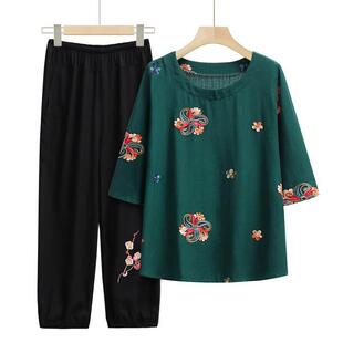 老人家衣服奶奶夏季新款中老年大尺码女装T恤衫套装妈妈洋派上衣