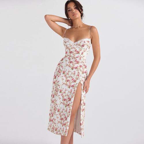 Womens Ditsy Floral Print Contrast Lace Side Split Bodycon