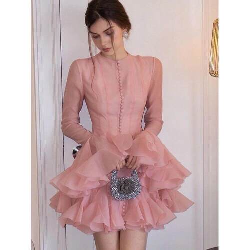 Luxury O Neck Pink Ruffle Button Female Vestidos Fashion Lon