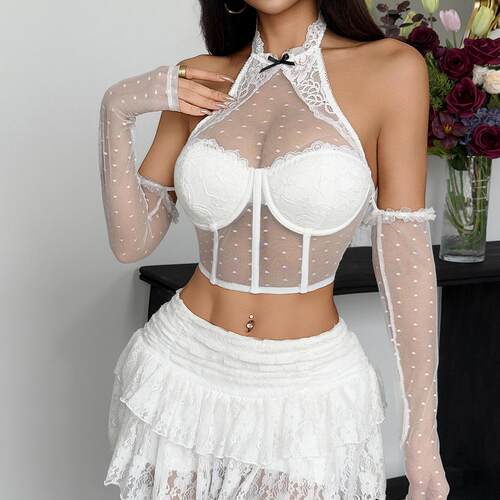 Polka lace buckle hanging neck with chest cushion backless