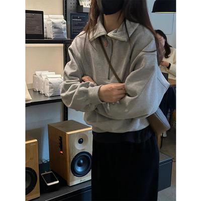 设计感小众秋冬加绒百搭灰色宽松美式卫衣女气质翻领加厚上衣打底