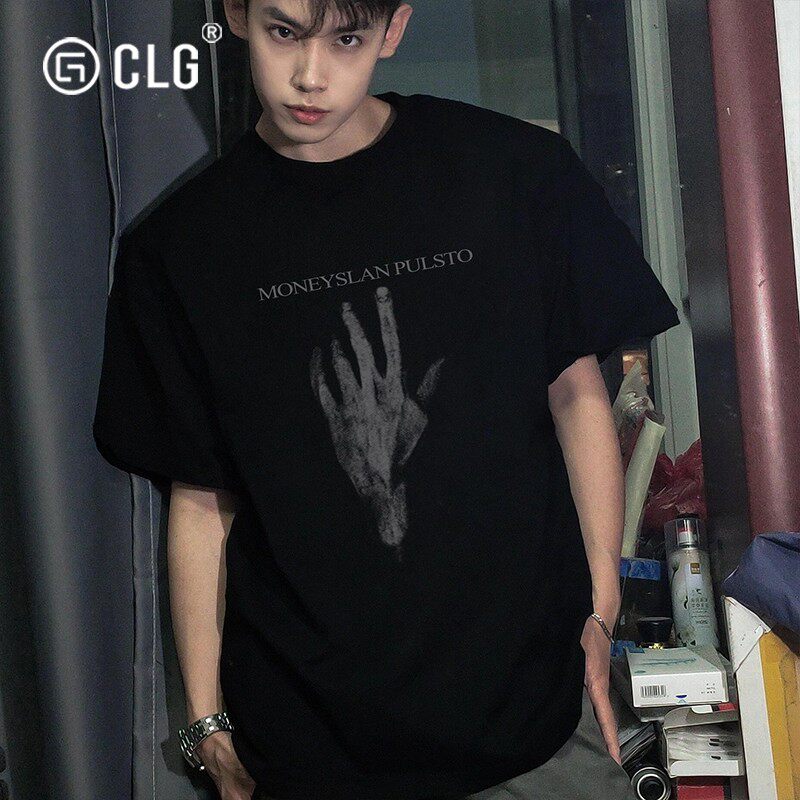 香港CLG潮牌美式暗黑风印花短袖t恤男生春夏季重磅纯棉宽松打底衣
