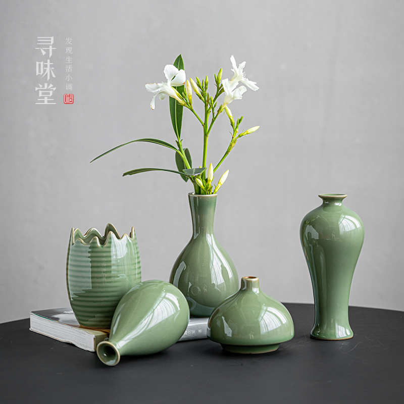 竹青釉陶瓷小花瓶｜复古风台面小号花器花插简约客厅居家装饰摆件