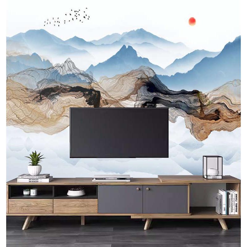 新中式现代艺术抽象水墨山水线条背景墙壁画客厅沙发卧室壁纸墙布