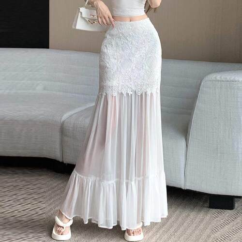 Women Lace Overlay Dress Waisted Mesh Skirt Fashionable