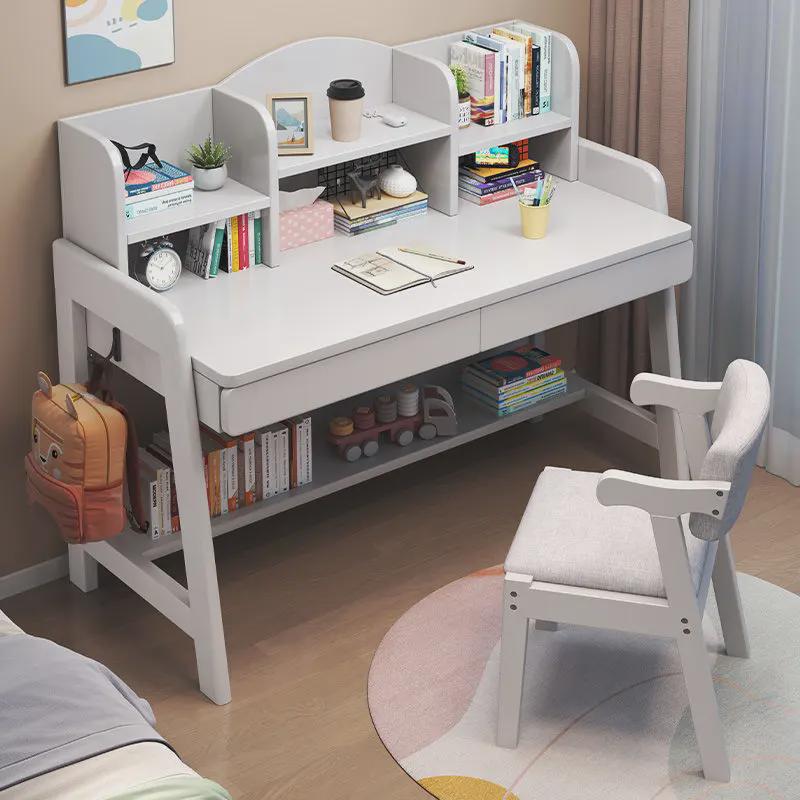 实木书桌书架一体台式主机家用书桌书架卧室学生可升降儿童书桌椅