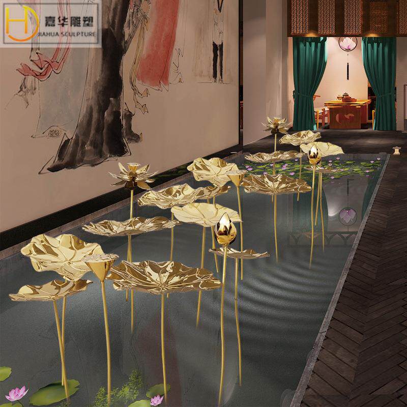 不锈钢荷花摆件户外水池酒店金属雕塑园林景观铁艺荷叶装饰品制作