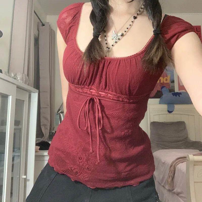 。优雅的女士方领t恤卡哇伊蝴蝶结短袖