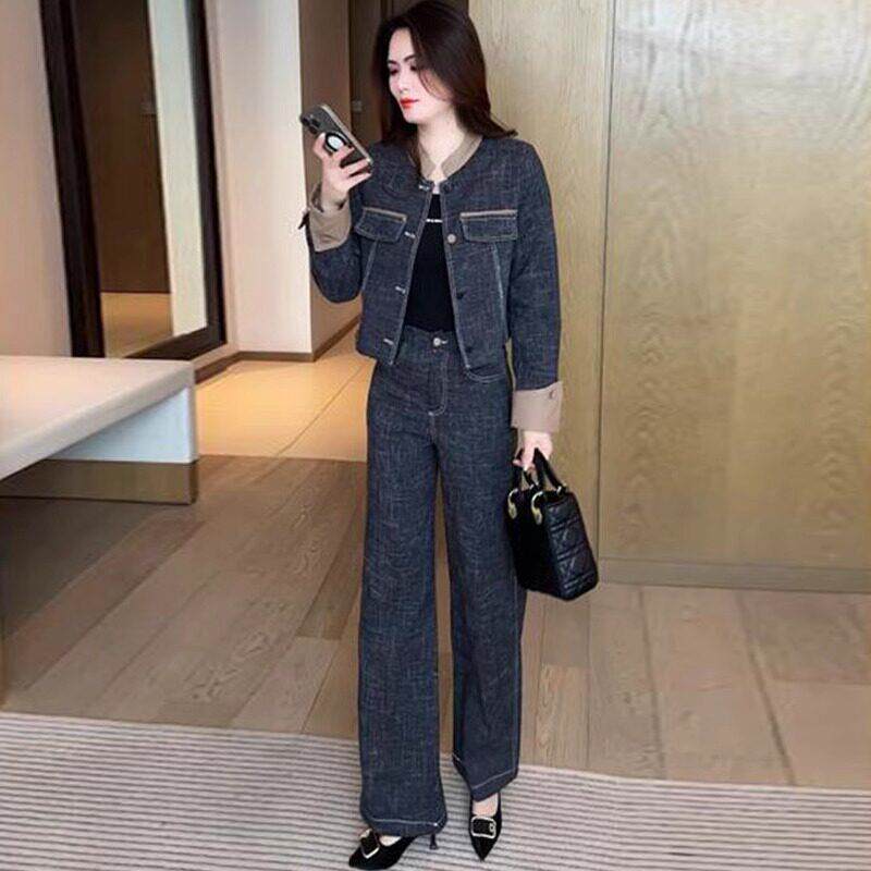 香港代购时尚休闲套装女春秋洋气显瘦圆领牛仔短外套阔腿裤两件套