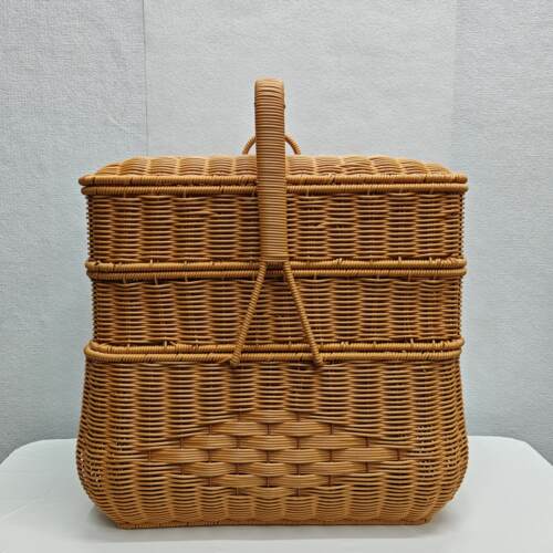 TF35非遗手工彷藤编棕色三层方形清明重阳拜神拜篮手提收纳野餐篮