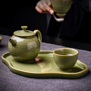 干泡茶台功夫茶具简约家用办公托盘 陶瓷干泡小茶盘青竹绿圆形日式