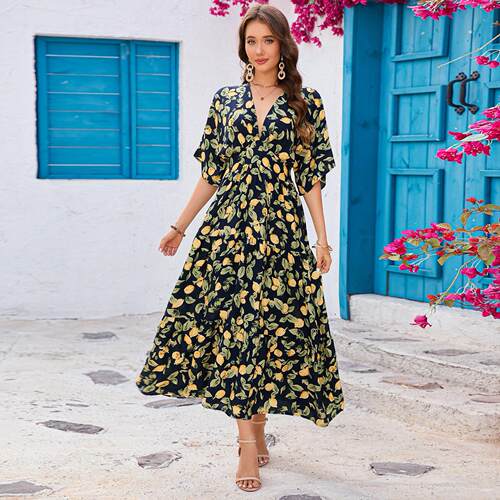 Word collar waist cinching long skirt beach dress for