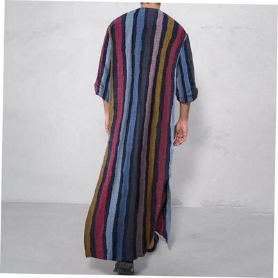 Button Stripes Print Shirt Men Muslim Robes 男士条纹长袍衬衫