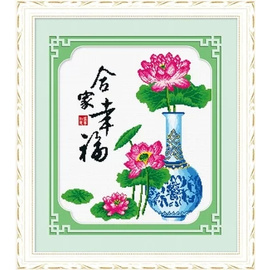 纯手工十字绣成品合家幸福青花瓷花瓶荷花客厅竖版装饰挂画