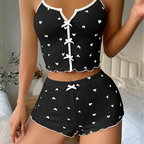 Heart shaped printed pit stripe home suit with front slit