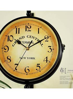 欧式铁艺双面挂钟创意美式两面挂表现代简约客厅家用钟表复古时钟