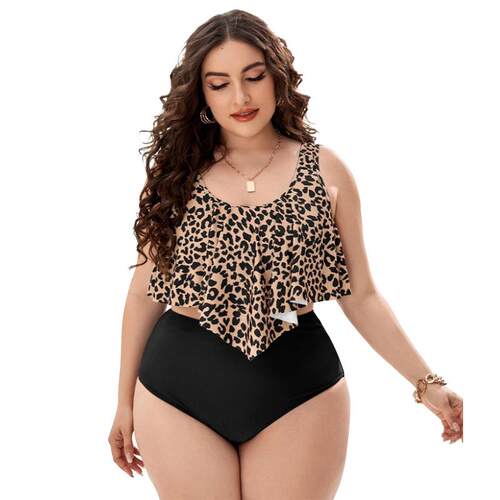 Split high waisted ruffled bikini with printed fat woman