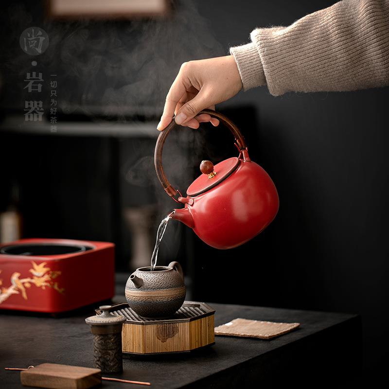 复古红色提梁壶煮茶壶家用带过滤泡茶壶单壶围炉煮茶器电陶炉陶壶