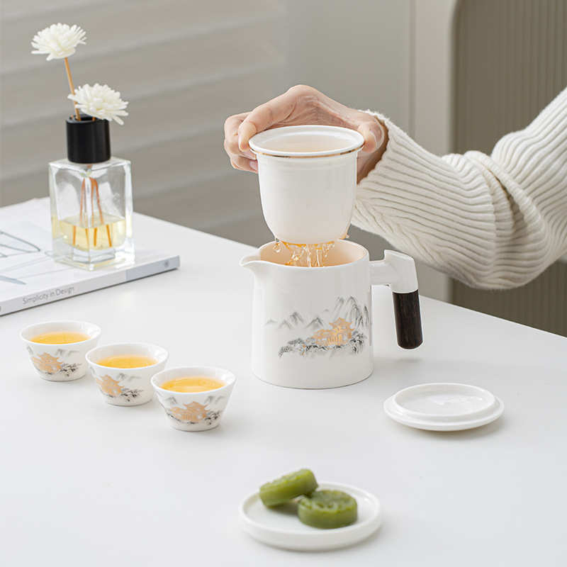 羊脂玉旅行茶具茶杯茶水分离一壶四杯白瓷户外便携收纳泡茶具礼品