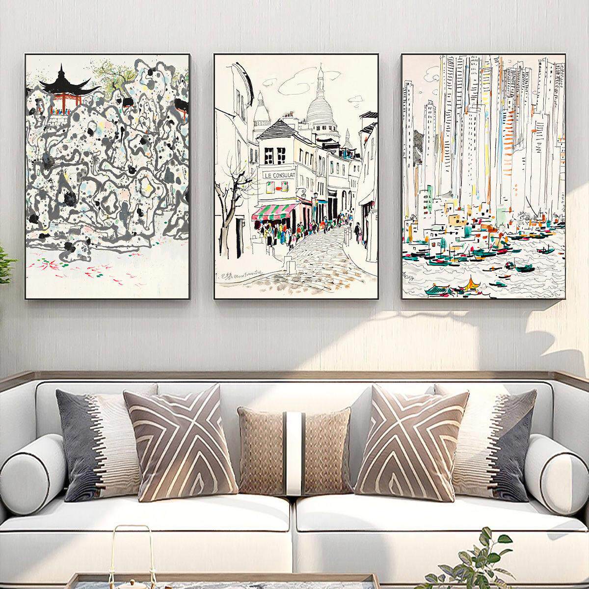 吴冠中版画新中式客厅书房饭厅酒店民宿水墨风景餐厅装饰画墙壁画