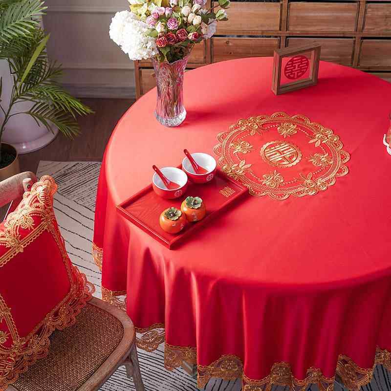 正品红色大圆桌结婚喜字刺餐绣布圆形桌布酒店喜轻奢高档订婚庆圆