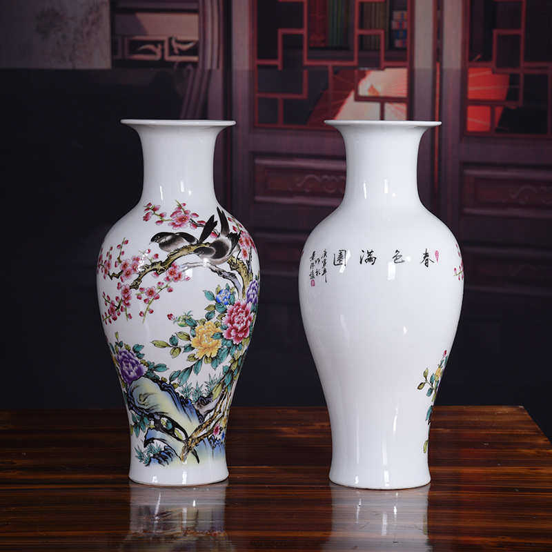 景德镇工艺品花瓶批发 粉彩大号鱼尾瓶鸟语花香 中式古典花瓶摆件