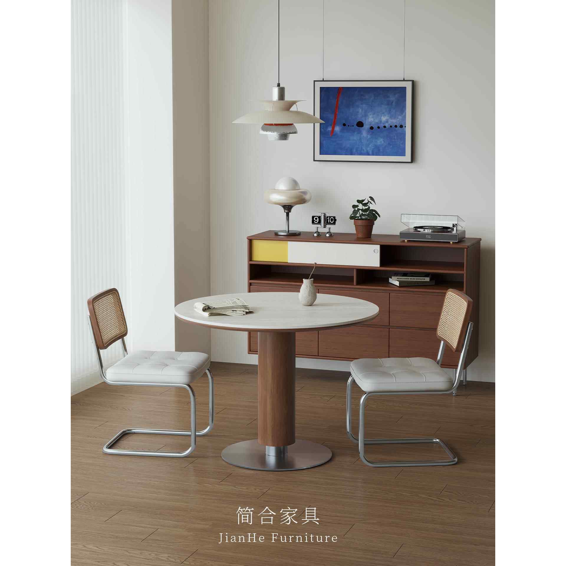 法式覆古原木风洞石岩板圆形餐桌中古风小户型奶油单柱圆餐桌椅