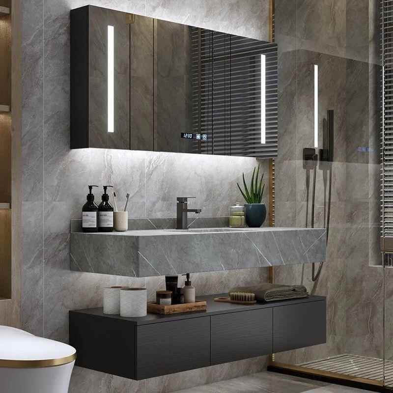 现代简约岩板一体轻奢浴室柜组合洗脸洗手面池卫生间洗漱台盆镜柜