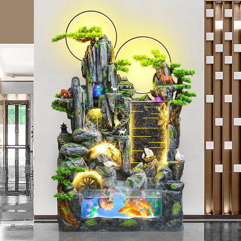 鱼缸瀑布大型假山喷泉风水轮客厅办公室高山流水摆件循环水景生财
