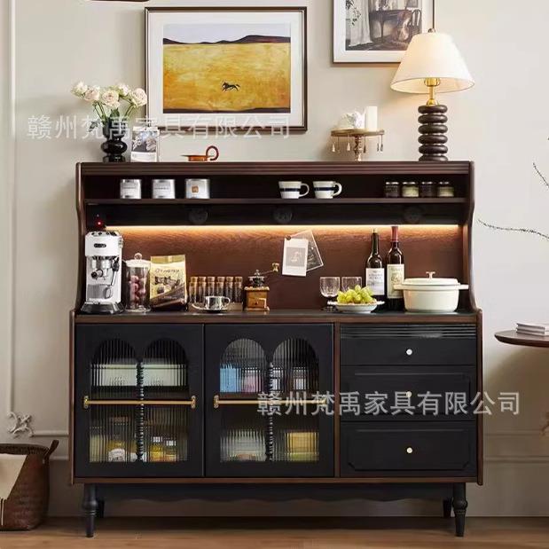 法式复古实木餐边柜子客厅靠墙收纳柜橱柜家用厨房储物柜一体中古