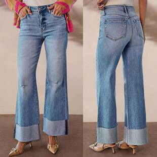 Rise Stretch Leg Cuffed Hem Jeans Women Distressed