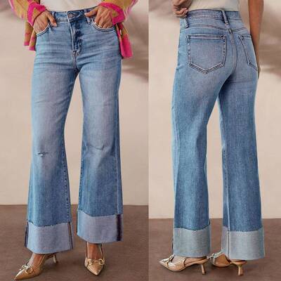 Rise Stretch Leg Cuffed Hem Jeans Women Distressed