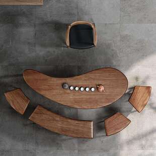 实木茶桌阳台泡茶桌椅组合创意弧形实木桌子办公室会客胡桃色茶桌