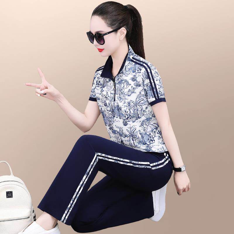 休闲运动服套装女2025新款夏装洋气花色短袖妈妈减龄跑步服两件套