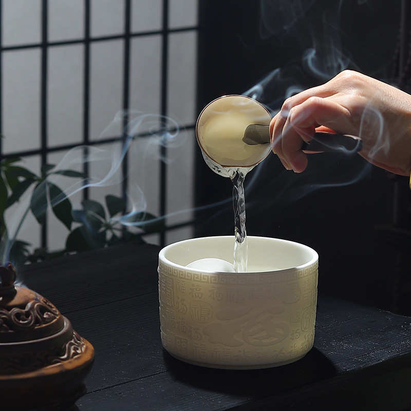 羊脂玉瓷浮雕百福茶洗缸小号笔洗简约家用功夫茶盂收纳碗茶渣水缸