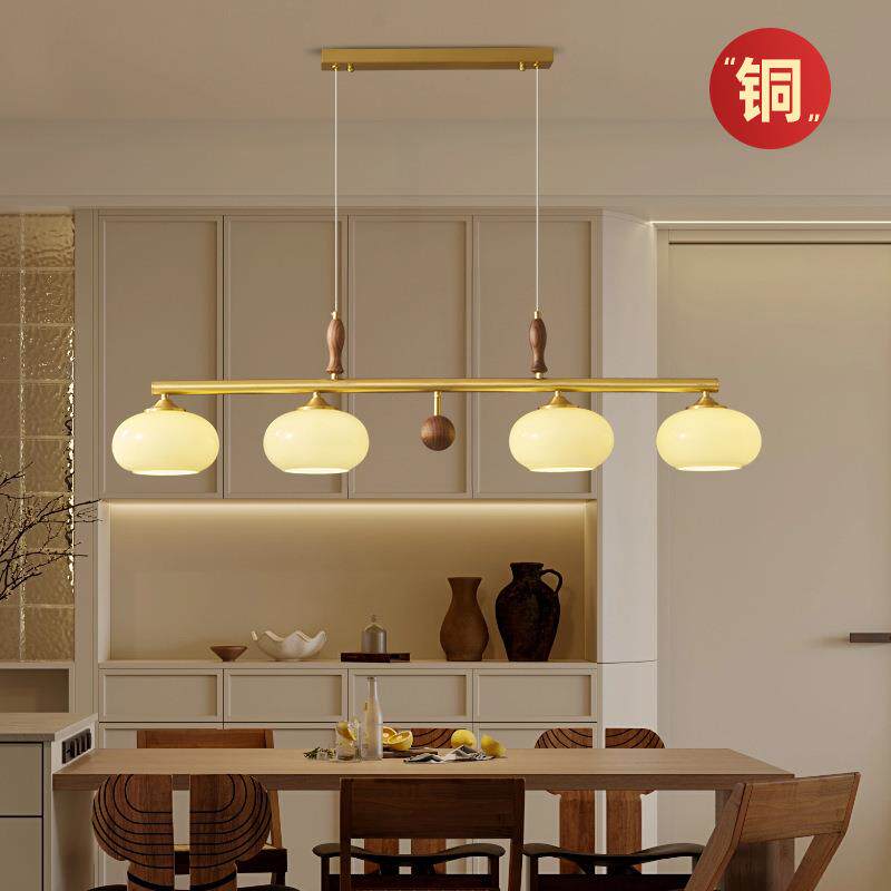 新款直销全铜中古风餐厅吊灯美式复古吧台长条实木氛围岛台长方形