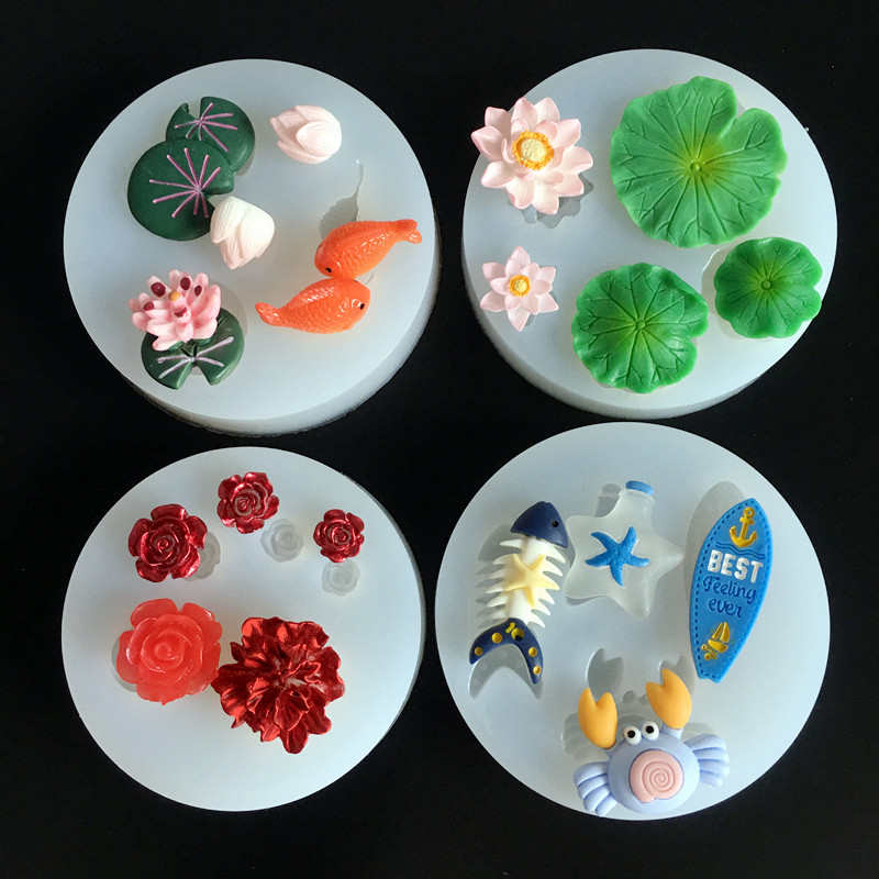 硅胶模具荷花花朵海洋小鱼diy水晶滴胶模具材料手工粘土硅胶磨具