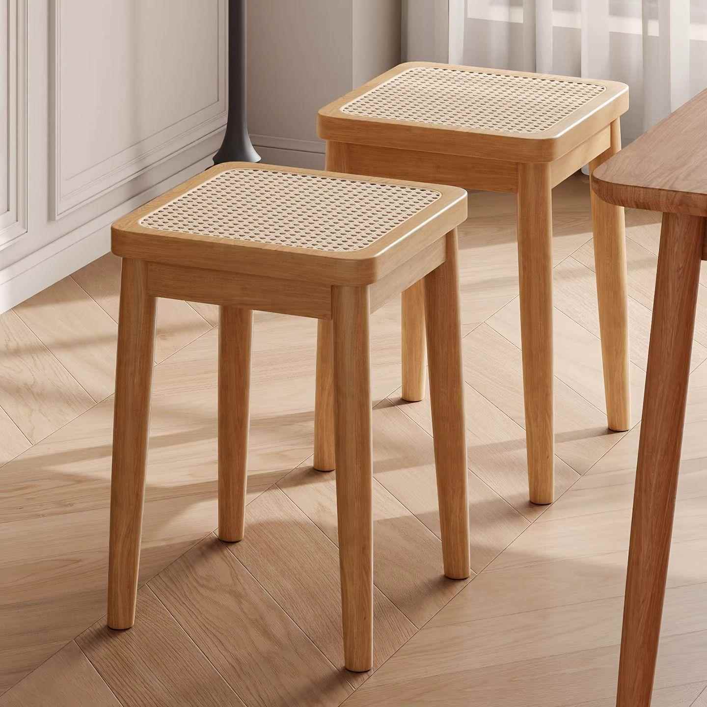 实木藤编凳子可叠放家用中古餐凳复古休闲方凳餐厅备用椅子高板凳