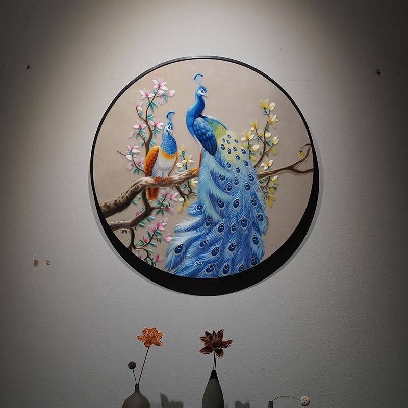 新中式风格圆形孔雀画富贵祯祥纯手工苏绣刺绣带框成品客厅装饰画图片