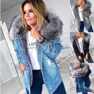 Cowboy coat, denim jacket, big fur collar, warm and