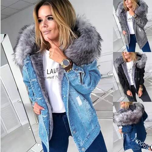Cowboy coat, denim jacket, big fur collar, warm and