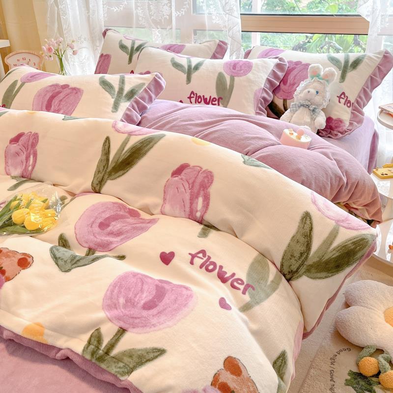 正品厚牛奶绒加床上四件双面珊瑚绒套被套法兰加绒绒床单三件套冬